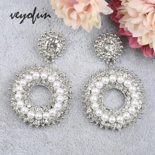 Veyofun Fashion Rhinestone Drop Earring Round Pearl Dangle Earrings Jewelry for Women