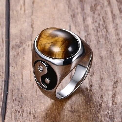 Vintage Oval Brown Natural Wood Ring Yin and Yang Symbol Fashion Trend Mens Jewelry Personality All-Match Exquisite Gift