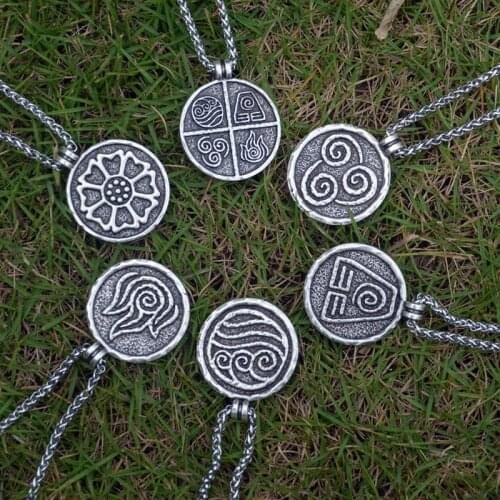 Vintage Silver The Last Airbender Air Fire Earth Water Elements Lotus Amulet Necklace Nation Jewelry