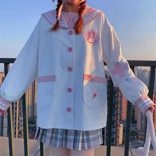 Japanese jk uniform cute rabbit nurse embroidered jacket girl preppy style sweet loose cardigan Harajuku navy collar outerwear