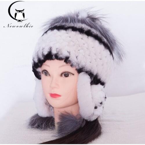 Womens Hat Winter Rex Rabbit Fur Hat Ear Protector Caps Knitted Russian Bomer Quality Fashion Fur Hats For 2019 New Years