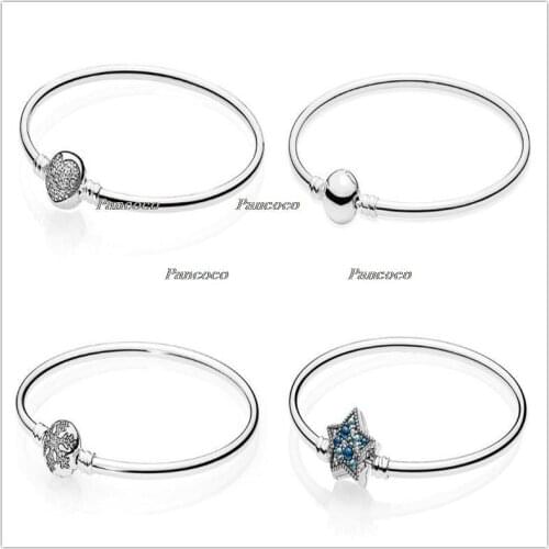 925 Sterling Silver Bangle Crystal Snowflake Clap Snake Chain Bracelet Bangle Fit Women Bead Charm Fashion Jewelry