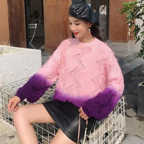 Gradient Color Net Red Womens Pullover Sweater Loose Korean New Autumn Winter 2021 Female Round Neck Big Size Knitted Top e142