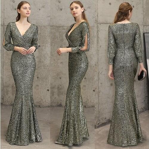 Sexy V Neck Mermaid Evening Dress Long Formal Prom Party Gown Full Sequin long Sleeve Galadress Vestidos Occassion Dress XUCTHHC