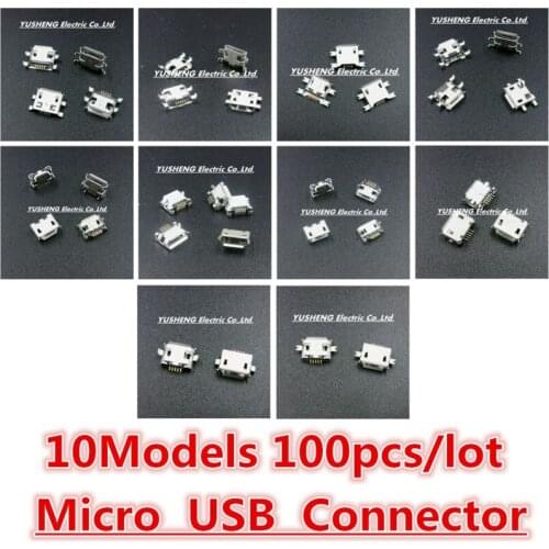 10Models,100pcs total Micro USB 5Pin jack tail sockect, Micro Usb Connector port sockect for samsung Lenovo Huawei ZTE HTC ect