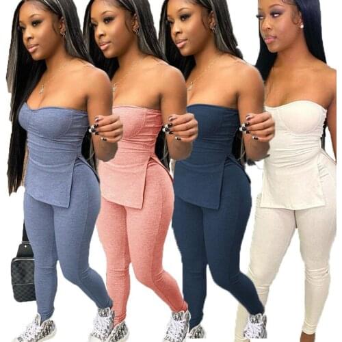 2021 summer new cashew nut solid color stitching one shoulder sexy open back split T-shirt high waist casual trouser suit