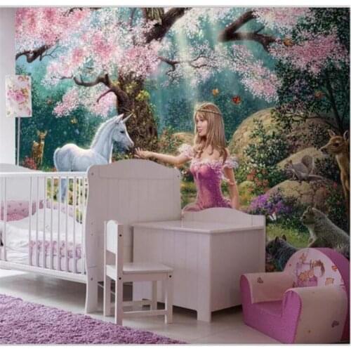 3DBEIBEHANG Wallpaper custom wallpaper living room bedroom dreamy cute cartoon pink flower tree princess white horse background