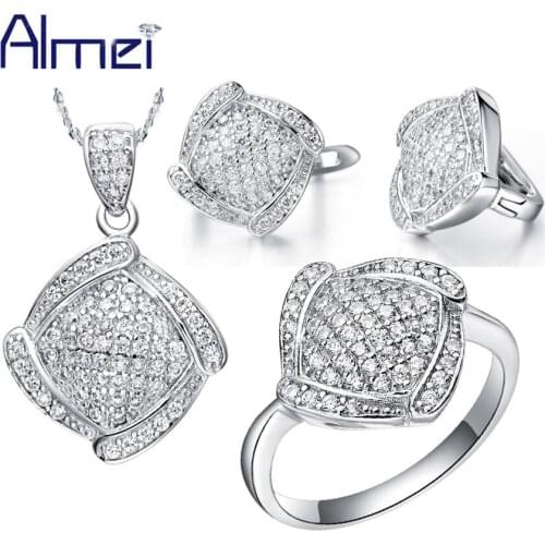 Almei 49%Fashion Jewelry Sets Women Wedding Bridal Silver Crystal Chinese Rhombus Style Vintage Cheap Jewelry Sets Big Sale T051