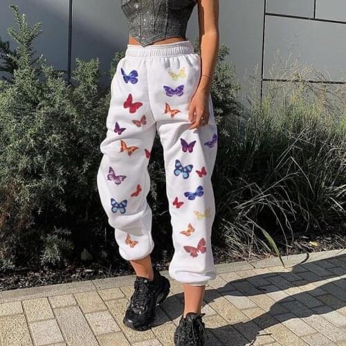 Women Summer Butterfly Print Loose Pants Trousers Stretch High Waist Streetwear Jogger Pencil Pants Pocket Bottoms