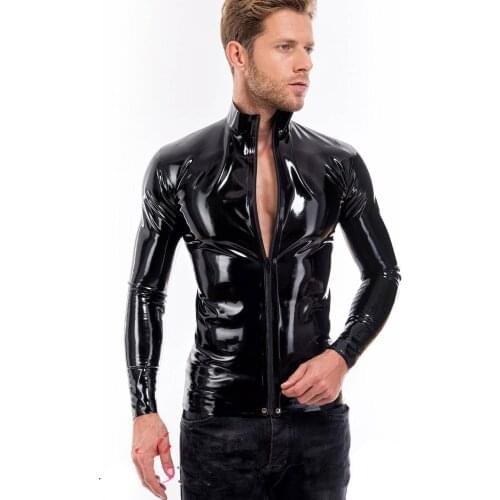 Customade Mens Black Latex T-Shirt Rubber Top Gummi Jacket with Front Zipper