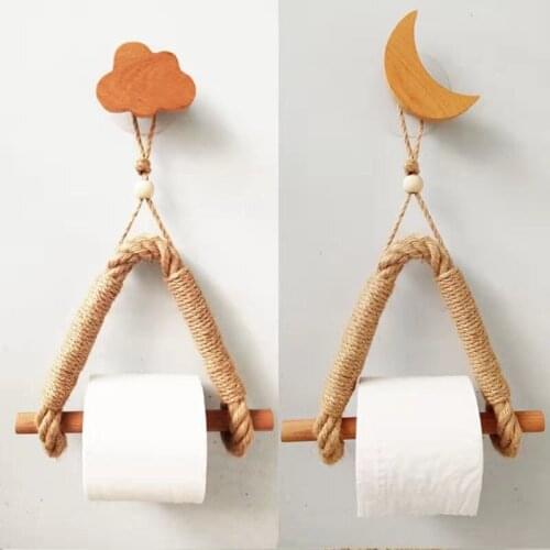 Hand-woven Hemp Rope Roll Paper Holder Nordic Solid Wood Rope Woven Toilet Kitchen Non-perforated Tissue Holder