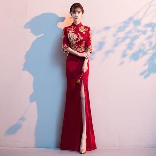 Women Elegant Mandarin Collar Bridal Wedding Dress Sexy Slim Front Split Novelty Cheongsam Exquisite Appliques Trim Long Qipao