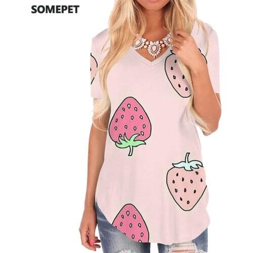 SOMEPET Strawberry T Shirt Women Lovely V-neck Tshirt Harajuku T-shirts 3d Colorful Shirt Print Womens Clothing Punk Rock
