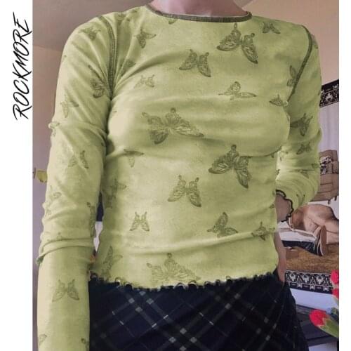 Rockmore Y2K Butterfly Print Long Sleeve T-shirt Women O-neck Crop Top 90s Vintage Aesthetic Casual E Girl T Shirts Fairy Grunge