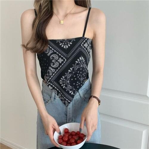 Summer harajuku camisole women Cotton Cashew flower crop top female irregular sexy tank top Printing black tube top croset