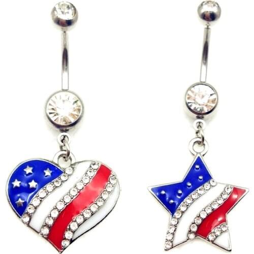 LuckyJewelry Stainless Steel USA FLAG Dangle Belly Button Ring Bar Navel Body Jewelry Barbell Piercing Cheap