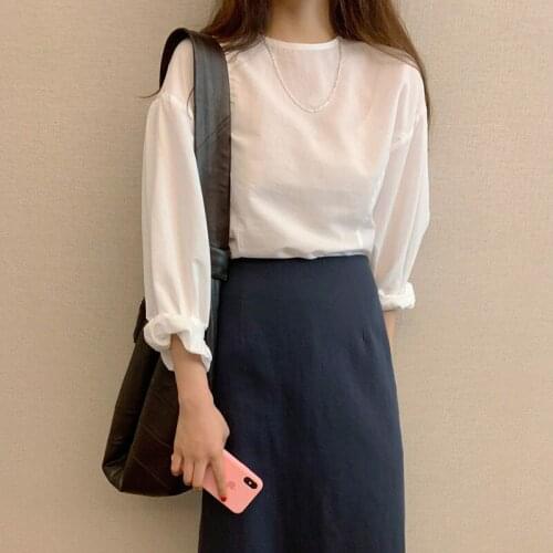 2019 Autumn Concise Solid Color Easy Long Sleeve Round Neck Joker Pullover Shirt Woman Shirts