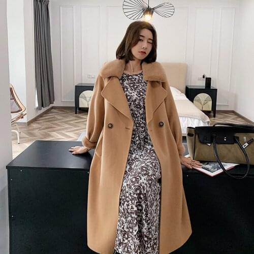 Autumn Winter Female Long Real Wool Coat with Genuine MInk Fur Cuffs Big Pockets Loose Trench Outwear