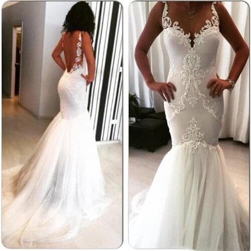 Sexy Mermaid Wedding Dresses Backless Spaghetti Straps Applique Lace Tulle 2021 Beach Summer Bridal Gowns Robe De Mariee Custom