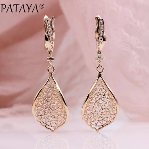PATAYA New Gift Trendy 585 Rose Gold White Gold Natural Zircon Long Earrings Women Wedding Hollow Irregular Wave Earring Jewelry