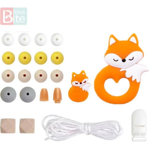 1Set Silicone Teether Wooden Beads Teething Rodent Fox Pendant DIY Necklace Infant Tooth Toys Pacifier Chain Clip Baby Products