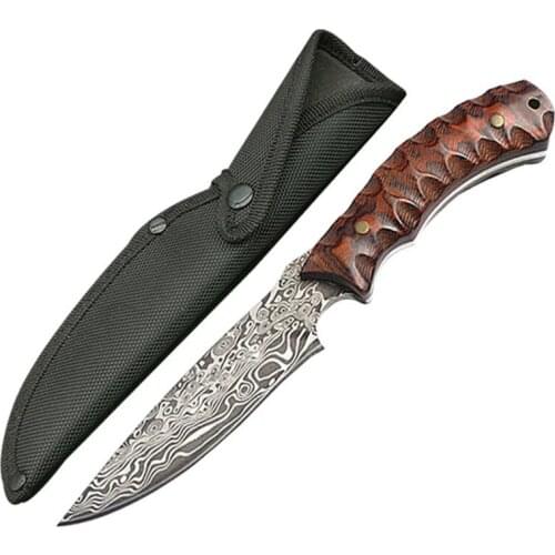 DuoClang Outdoor knife Damascus 440C Steel Micarta Handle Fixed Blade Knife Wilderness Survival Knives with Leather Sheath