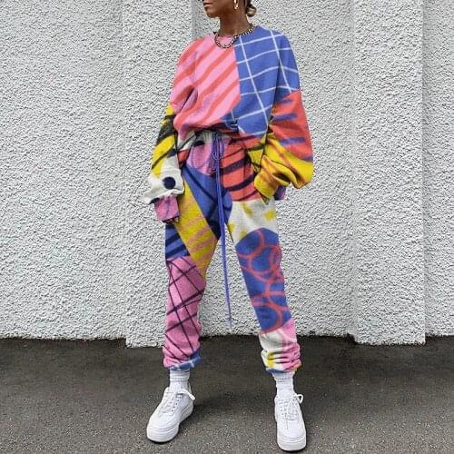 Africa Clothing Autumn Streetwear Women O-neck Casual Printing Long Sleeve Sweatshirt + Lace-Up Sweatpants Kniting Casual Suits