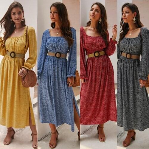 Popular Printing Casual Long Dress Women Elegante Long Sleeve Square Collar Long Dress Summer Beach Style 2020 New Arrival
