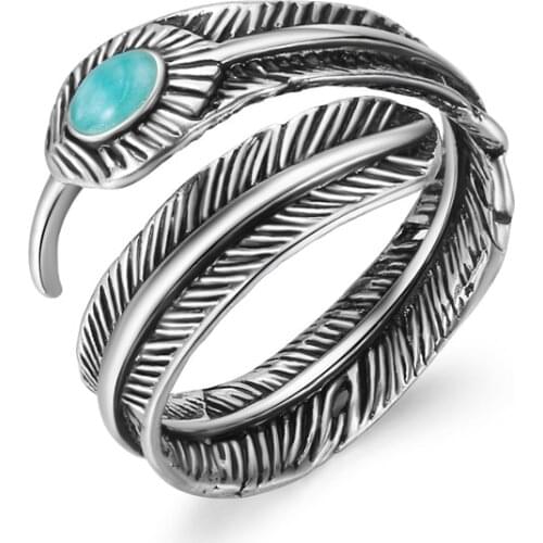 1 Pcs Bohemia Africa Feather With Blue Stone Open Adjustable Ring Ancient Metal Color Punk Ring For Women Men Jewelry R145