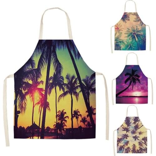 1 Pcs Coconut Tree Plant Printed Cotton Linen Apron Bibs for Women Barbecue Cooking Baking Kitchen Cleaning Aprons
