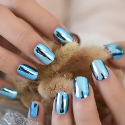 Blue Metallic Cool Fake Nails Mirror Full Cover Square Salon Press On Nails Professional Self-adhesive Nails
