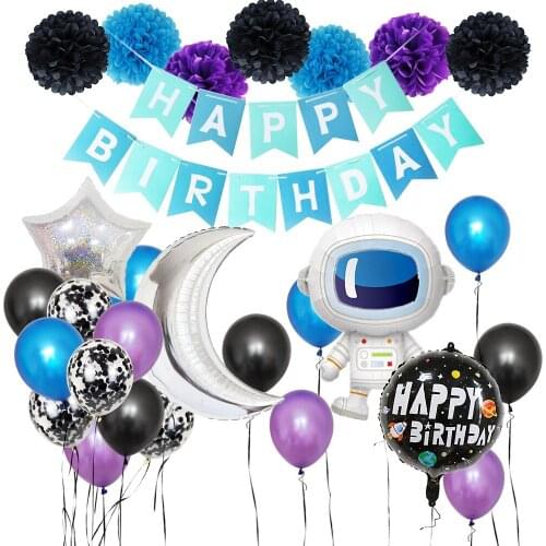 Astronaut Birthday Aluminum Foil Balloon Insert Card Pull Flower Pull Flag Cups Saucers Children Fiction Party Decoration SS6