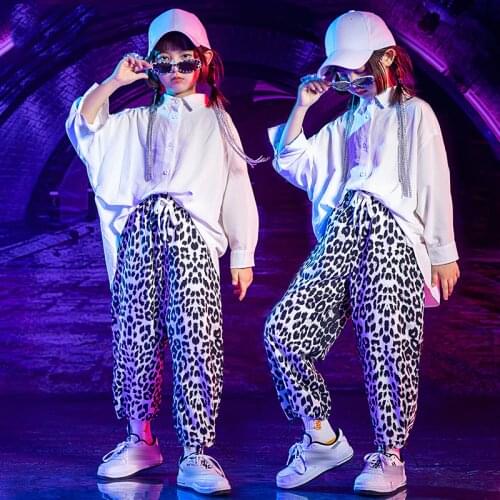 Childrens Day Hip Hop Dance Costume Loose White Shirts Leopard Pants For Girls Jazz Street Dancewear Stage Show Costume BL6067