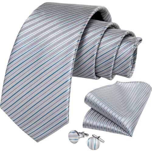DiBanGu Men Tie Silver Blue Striped Design Silk Wedding Tie For Men Hanky Cufflink Tie Set Fashion Bussiness Party Dropshipping