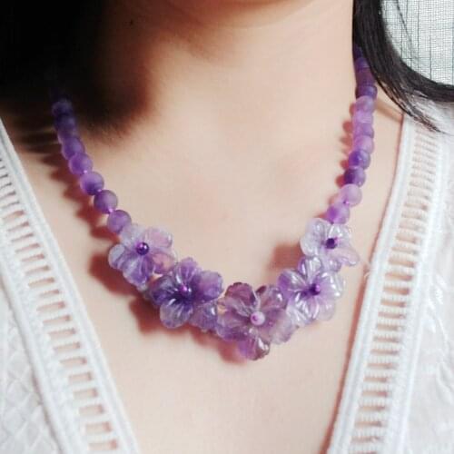 Lii Ji Real Gemstone Purple Choker Necklace Amethyst Flowers Statement Necklace 52cm Women Jewelry Gift