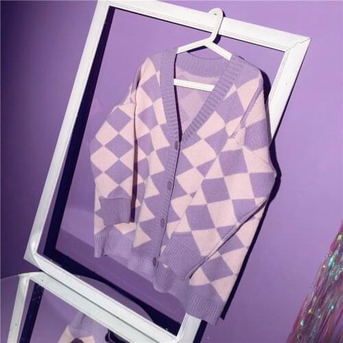 Cute Womens Diamond Plaid Knitted Sweater Argyle V-neck Cardigan Long Sleeve Fall Loose Sweaters Cute Girls Student Purple