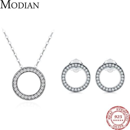 Modian Classic Circle Sparkling CZ Stud Earrings 925 Sterling Silver Heart Romanti Jewelry Sets For Women Fine Necklace Pendant