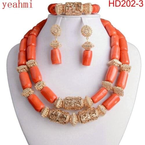 Natural Coral Beads Fabulous Coral Wedding African Beads Jewelry Sets Luxury Bride Costume Statement Necklace Jewelry Set HD202