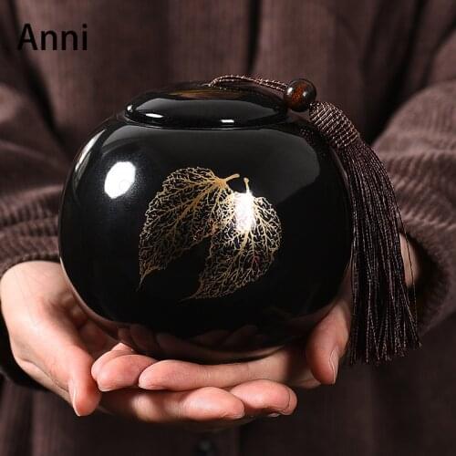 Golden Leaf Color Printing Tea Container Chinese Vintage Coffee Table Desktop Ceramic Tea Leaves Black Storage Jars with Lid