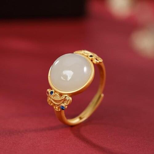 Original S925 Sterling Silver Gold-Plated Natural Hetian Jade Ring Han Chinese Clothing Cheongsam Matching Coin Ingot Female Ope