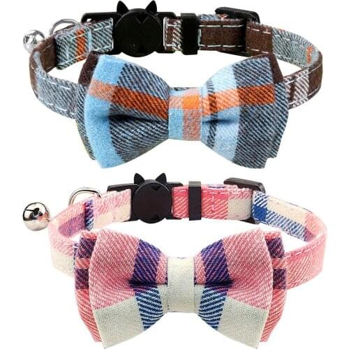 Pet Cat Collar with Bow Tie and Bell Cute Plaid Patterns Necklace Bulldog Chihuahua Bow Tie Puppy Small Dog Party Bandana Collar