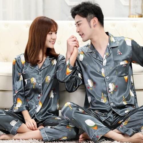 Flowers Printing Matching Pajamas Couples Long Sleeved Sleepwear Silk Pajamas for Women Sleep Top Pants Mens Pajamas Set Pijamas