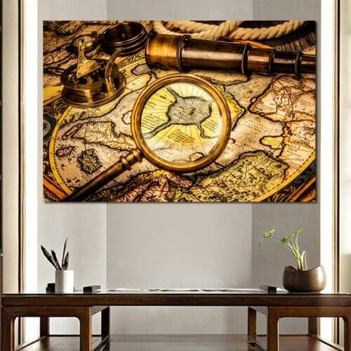 Travel Geography Navigation Concept Background - Old Vintage Retro Compass with Sundial, Spyglass and Rope on Ancient World Map