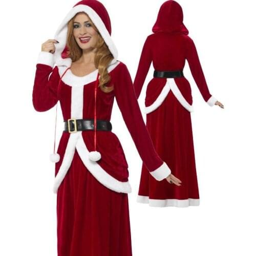 Deluxe Velvet Merry Christmas XMAS Fancy Dress Adult Women Santa Claus Long Dress Hooded Costume Outfit