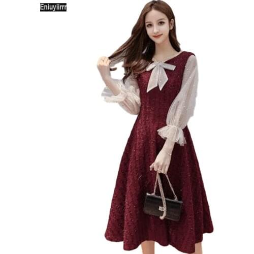 Christmas Cute Design Women Winter Spring Bow Tie A Line Bling Party Long Elegant Flared Dress 7006