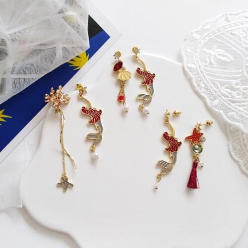 Creative asymmetric deep sea mermaid metal texture Enamel Earrings Wholesale for women