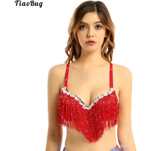 TiaoBug Women Belly Dance Push-Up Bra Latin Sequin Tassel Rhinestone Brassiere Tops Party Club Performance Costume