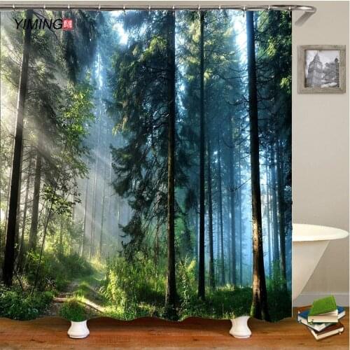 Misty Forest Nordic Style Shower Curtains Set With Hooks Waterproof Green Natural Landscape Home Decoration Bathroom Curtain