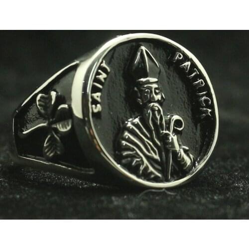 Mens Womens Saint Patrick Vintage Catholic Saint St. Patrick Cross Shamrock 316L Stainless Steel Ring