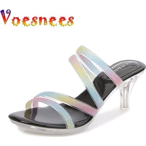 Voesnees 2021 New Women Shoes Shallow Mouth Summer Sandals Female Slippers Color Tape Thin Heels Slides Sexy Crystal High Heels